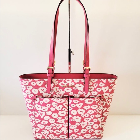 Michael Kors Jet Set Travel Medium Double Pocket Tote Electric Pink Heart NWT - Picture 2 of 4